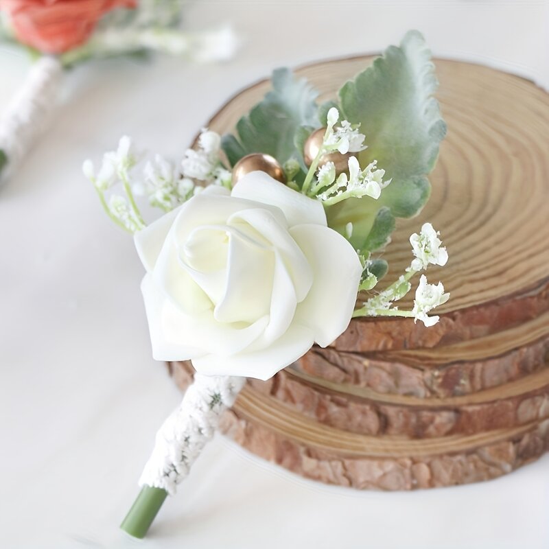 1/6 buah, putih susu Vintage pernikahan pengantin dan pengantin pria korsase, pengiring pengantin mawar pergelangan tangan bunga, Prom Corsage bunga