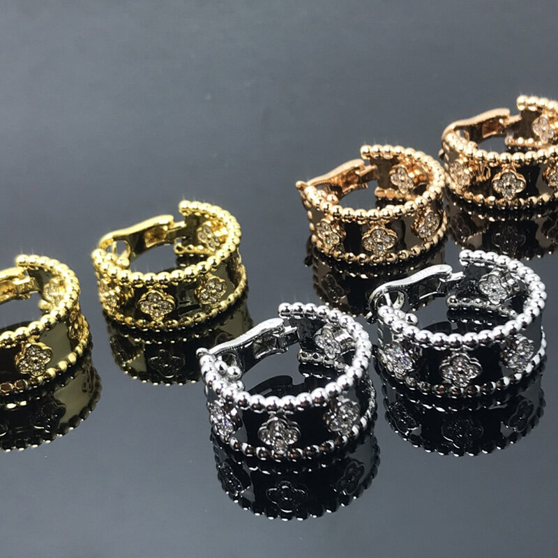 Модные серьги-кольца с бриллиантами и травой на удачу для женщин, очаровательные Роскошные ювелирные изделия из розового золота, аксессуары от бренда вечерние