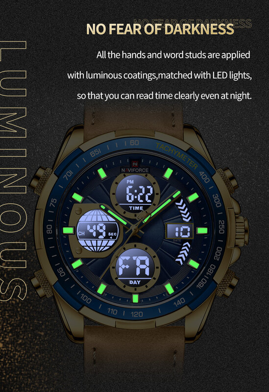 NAVIFORCE-Relógio de pulso de quartzo de couro genuíno impermeável masculino, luminoso LCD, relógio masculino, nova moda
