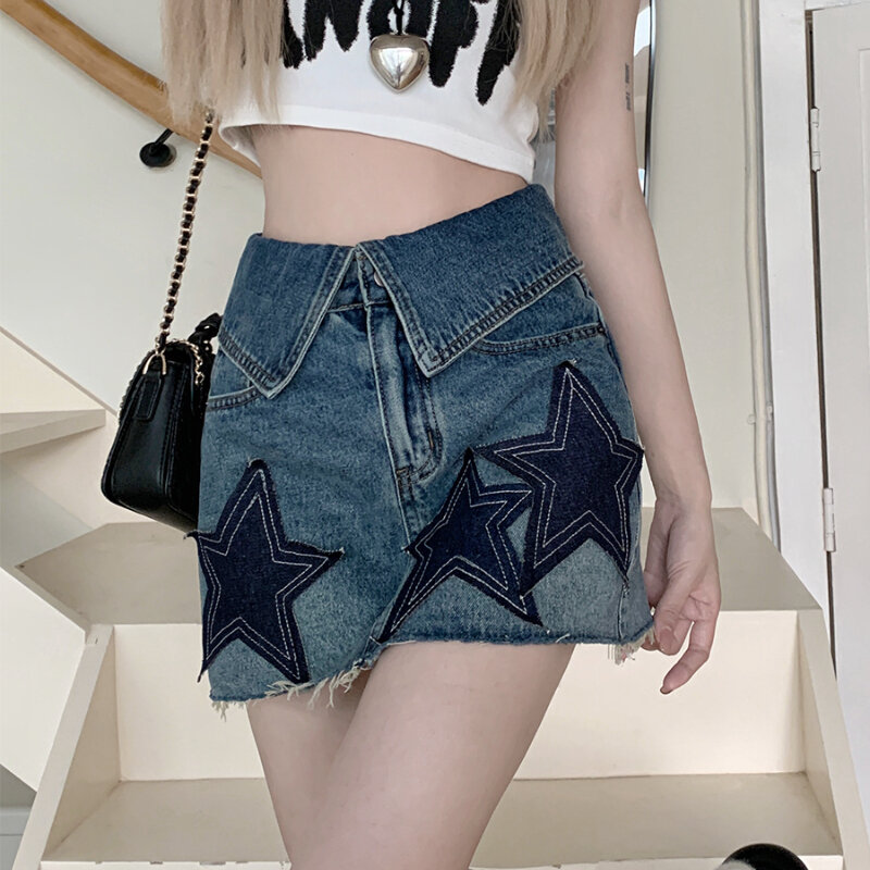 Женская джинсовая юбка со звездами Y2k, летняя пикантная мини-юбка из денима с высокой талией в Корейском стиле, модная классическая крутая Милая уличная одежда для колледжа