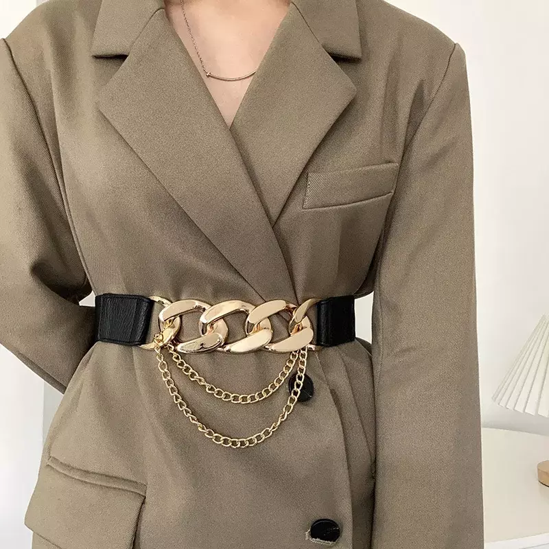 Luxury Brand Gold Chain Belt Elastic Silver Metal Waist Belts for Women High Quality Stretch Ladies Coat Ketting Riem Waistband