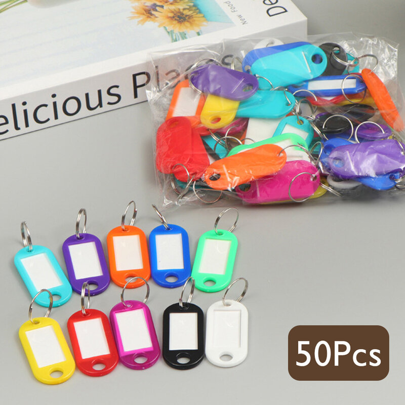 50 buah Gantungan Kunci plastik warna-warni Label Label kunci nama bagasi Tag alat tulis kantor Label ID Tag nama dengan cincin terpisah