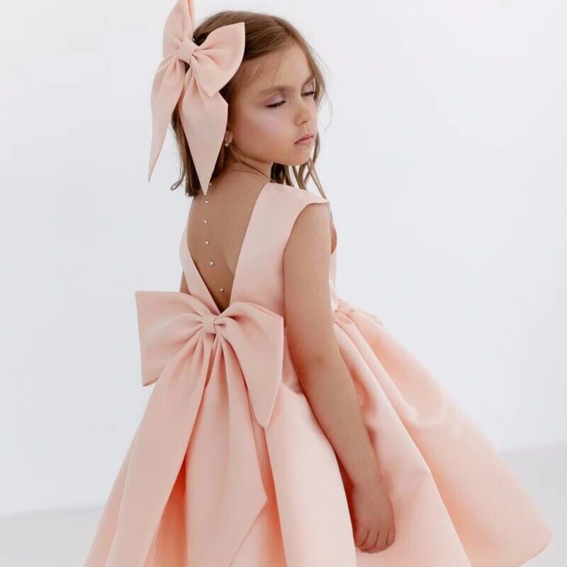 Flower Girl Dresses Orange Satin With Bow Sleeveless For Wedding Birthday Party First Communion Gowns