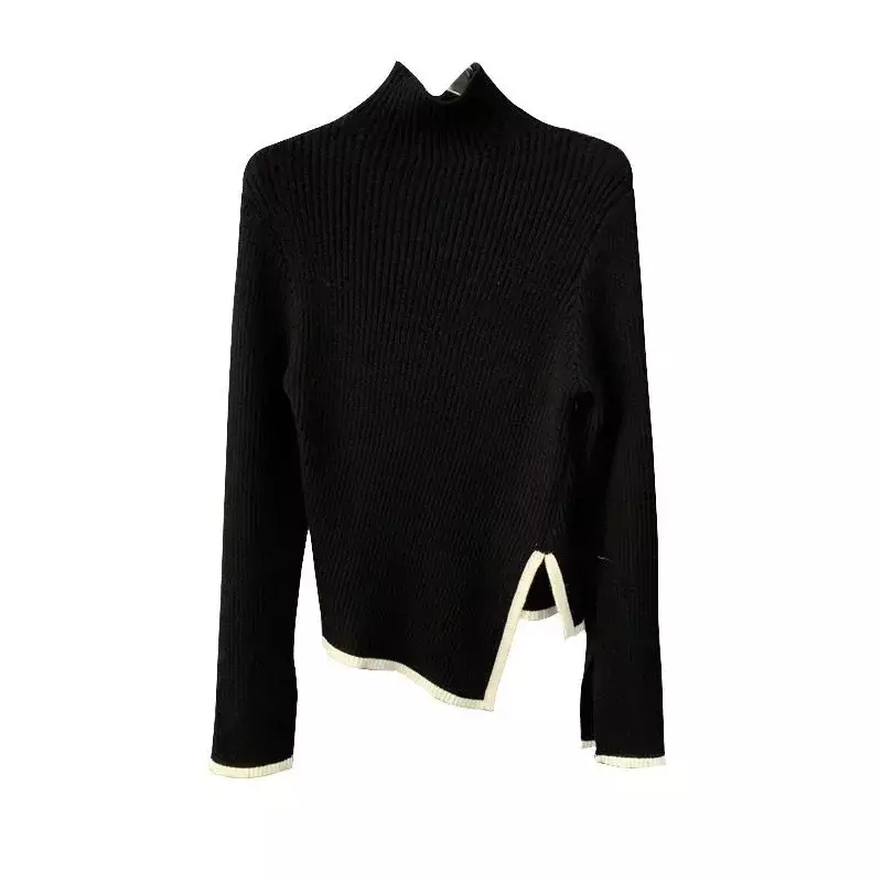 NMZM Fashion Korean Edition Irregular Slim Fit Long Sleeve Top Pullover Women's Autumn Black High Collar Solid Knitted Top Retro