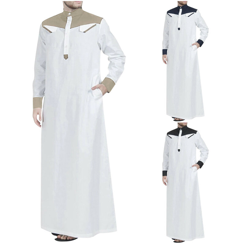 Traditionelle muslimische Kleidung Kontrast farbe Mittlerer Osten bequeme Jubba Thobe Männer Robe lange Ärmel Mandarine Hals Eid Kaftan