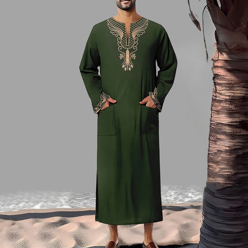Arabic Islamic Mens Robe Muslim Embroidered Long Sleeve Abaya Ramadan 2024 Clothes Casual Loose Moroccan Caftan Jubba Thobe