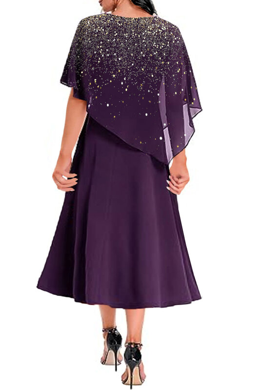 フライポッチャリ-パープルカジュアルシフォングリッタープリントドレス、非対称レイヤードテア-レングスドレス、プラスサイズ
