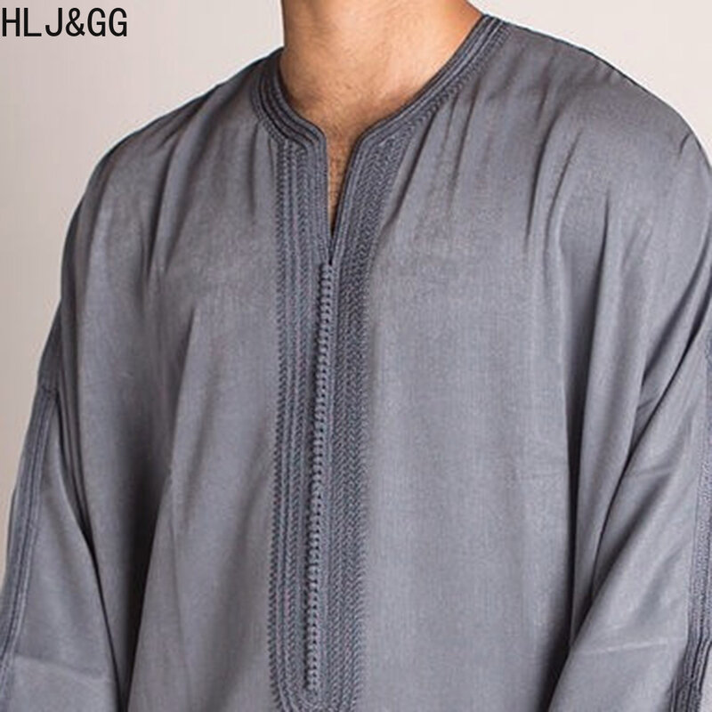 HLJ & GG ropa musulmana tradicional Eid Oriente Medio Jubba Thobe hombres túnicas musulmanas árabes Thobe Arabia Saudita gris largo vestido de blusa