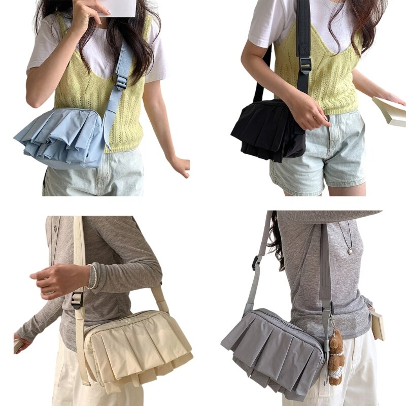 Bolsa leve de nylon tiracolo para mulheres e meninas, bolsa funcional, bolsa de ombro plissada, estilo coreano, 2024