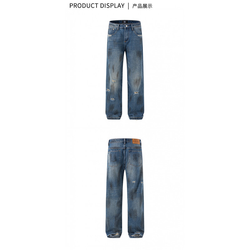 Jeans americano lavado para homens, estampado personalizado pintado à mão, calça solta reta, retrô e casual, high-end, 2024