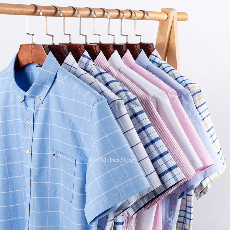 2023 100% Pure Cotton Men's Oxford Short Sleeve Square Collar Soild Plaid Striped Summer Casual Shirts Single Pocket  Shirt