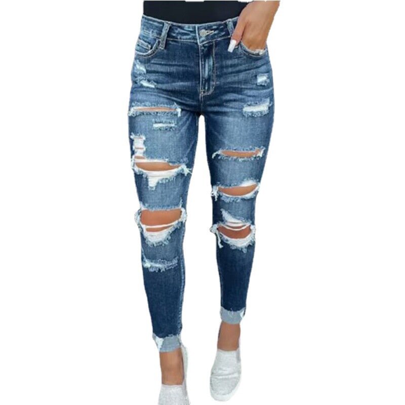 2024 niebieskie jeansy damskie spodnie jeansowe Casual długie rozszerzane spodnie smukłe spodnie z dziurami, dżinsowe z wysokim stanem Capris Y2k wiosna