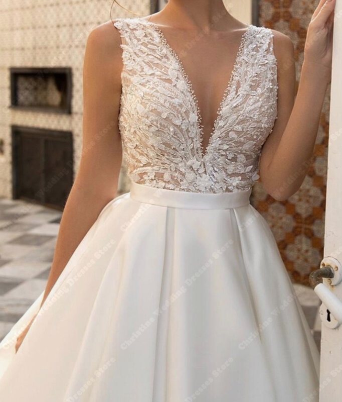 Новейшие блестящие кружевные свадебные платья 2024 с V-образным вырезом и аппликацией, привлекательный дизайн, трапециевидный силуэт, платье невесты с открытой спиной