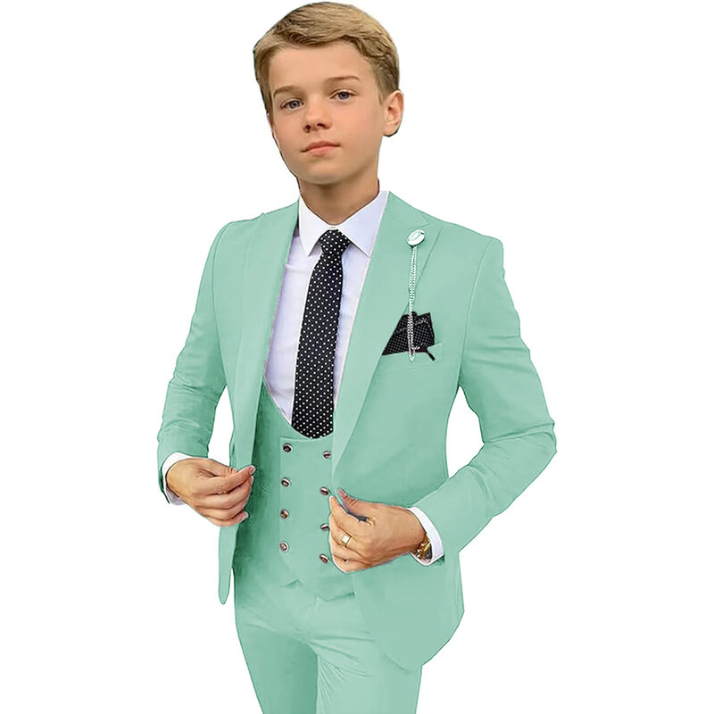 Terno de smoking formal para meninos, jaqueta de lapela, colete em U, traje justo para crianças, terno formal, elegante, luxo, 3 peças
