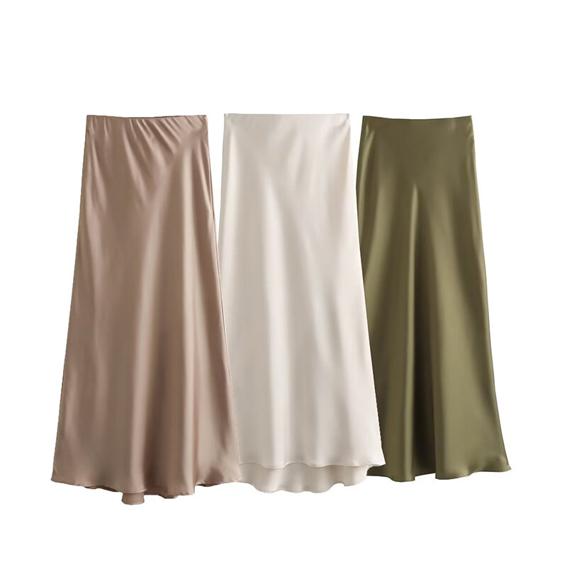 TRAF satynowa spódnica trzy czwarte kobieta wysoka talia długie spódnice dla kobiet nowa moda 2023 jesień na co dzień eleganckie spódnice damskie