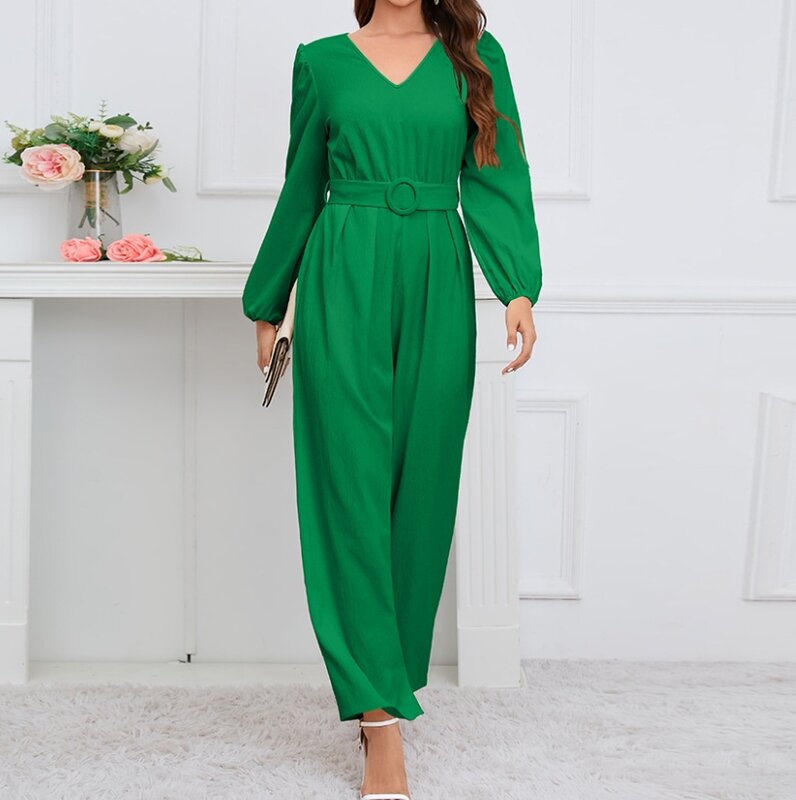 Women's Jumpsuit 2023 New Autumn Fashion Casual Solid Color V-Neck Long-Sleeved High Waist Straight Trousers Jumpsuit with Belt