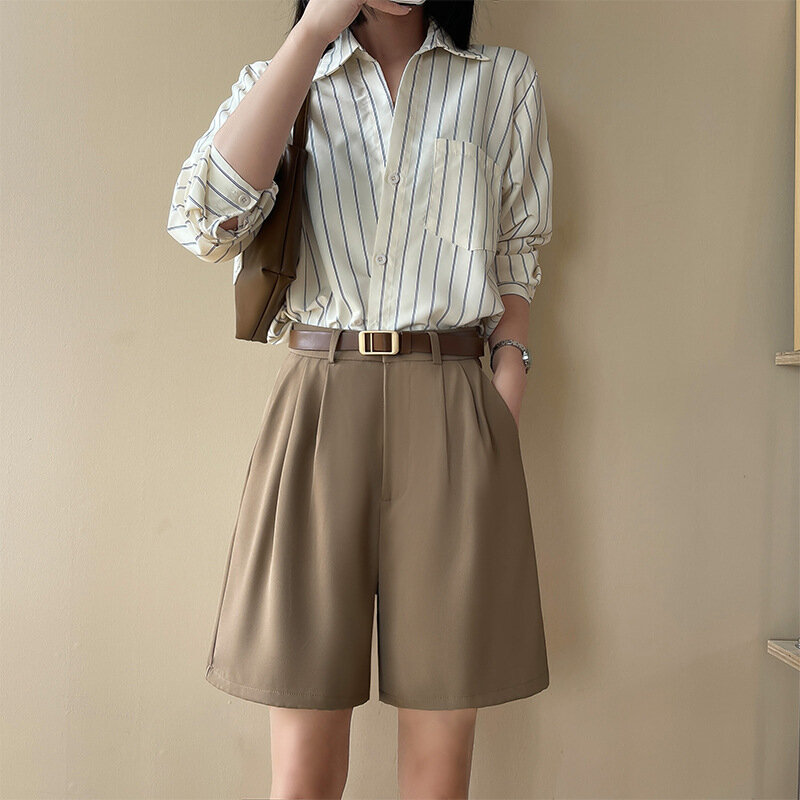 Suit Shorts Women High Waist Wide Leg A Line Suit Shorts Summer Thin Casual Pants Office Lady Solid Loose Short Pants