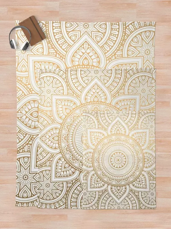 Gold Mandala Pattern Illustration With White Shimmer Throw Blanket funny gift Soft Luxury Brand Hairy Blankets