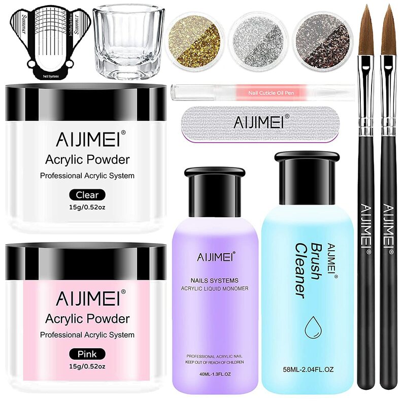 AIJIMEI Acrylic Powder Acrylic Nail Kit with Professional Liquid Monomer and Acrylic Nail Brush Cleaner,Acrylic Nail Tools Set N