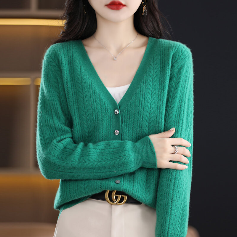 Cárdigan de lana pura con cuello en V para mujer, Chaqueta de punto de lana merina coreana, Top versátil de Color puro, primavera y otoño, 2023