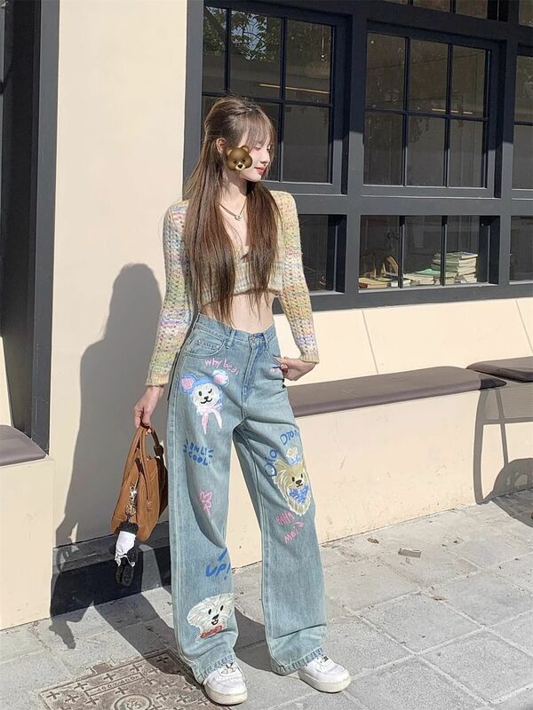 American Jeans Cartoon Puppy Print For Women 2024 New Korean Style Design  Loose Straight Casual Sweet And Cool Style Trousers