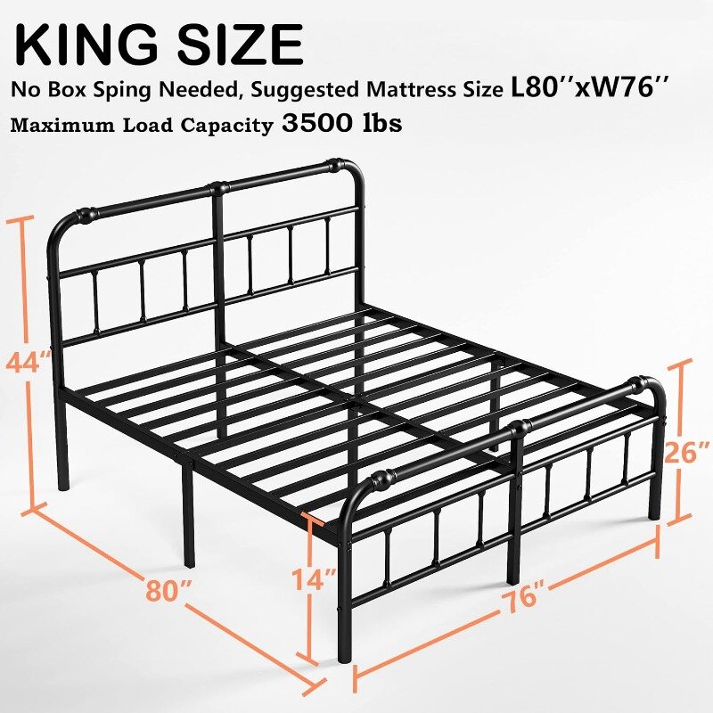 14 Inch High, Heavy Duty Steel Slats Up to 3500lbs Support, No Box Spring Needed Platform, Easy Assembly, Noise-Free