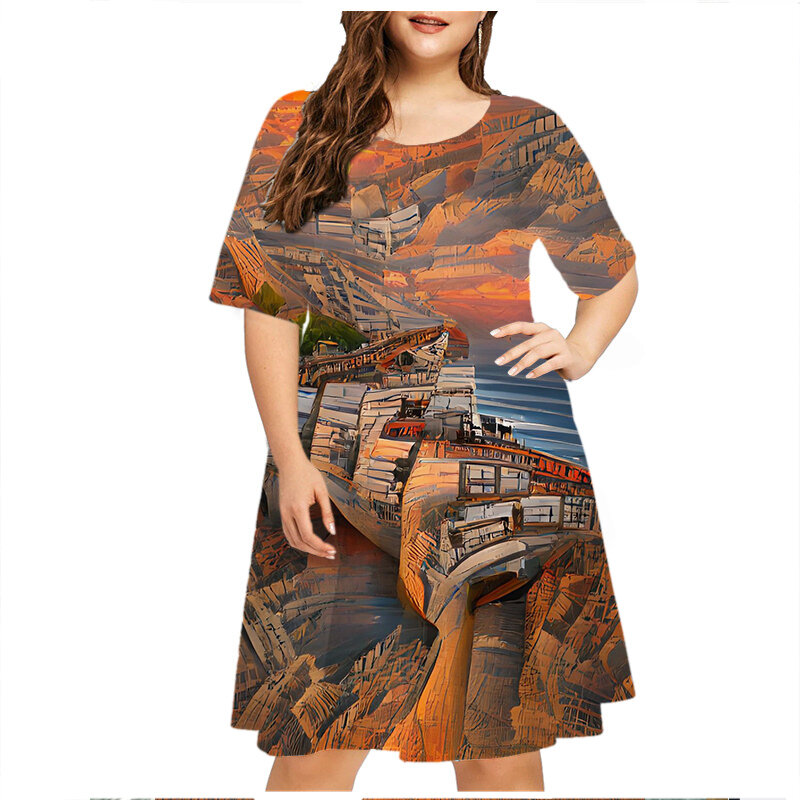 Robe d'Été à Manches Courtes pour Femme, Vêtement Décontracté, Peinture Rétro, Paysage 3D, Grande Taille 6XL, 2023