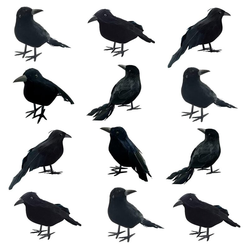 Corvo emplumado artesanal olhando realista, Halloween Black Crows, 3 estilos, 12pcs