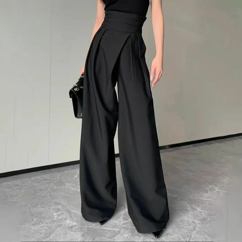 Штаны HOUZHOU женские черные с широкими штанинами, дизайнерские Костюмные брюки в стиле пэчворк, волшебные свободные прямые повседневные брюки с завышенной талией, со складками
