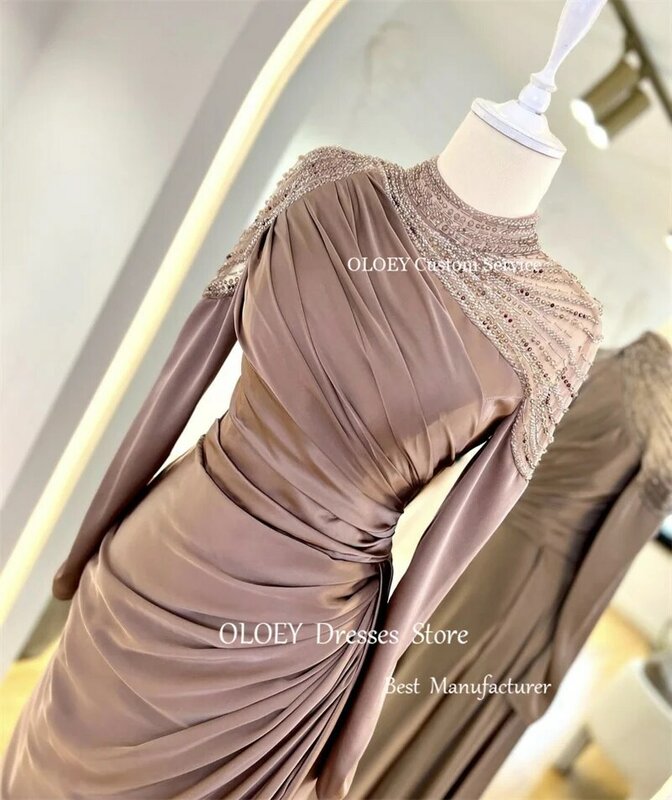 OLOEY Modest Dubai Arabic Women Evening Dresses Glitter Long Sleeves High Neck Pleats Prom Gowns Formal Occasion Pary Dress
