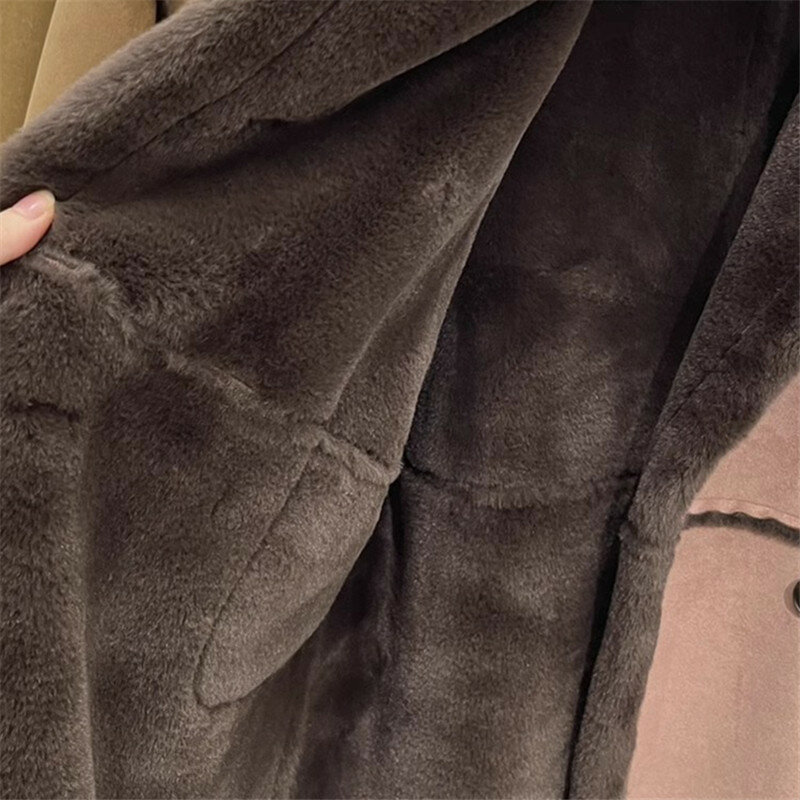 Jaqueta de camurça de cordeiro trespassado feminino, casaco longo feminino, jaqueta de couro casual, grossa, quente, moda inverno
