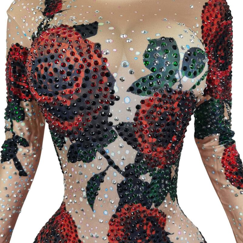 Romantis pola mawar berlian imitasi peregangan Skinny Leotard klub malam kostum panggung DJ tiang menari kinerja Jumpsuit Meiguiku