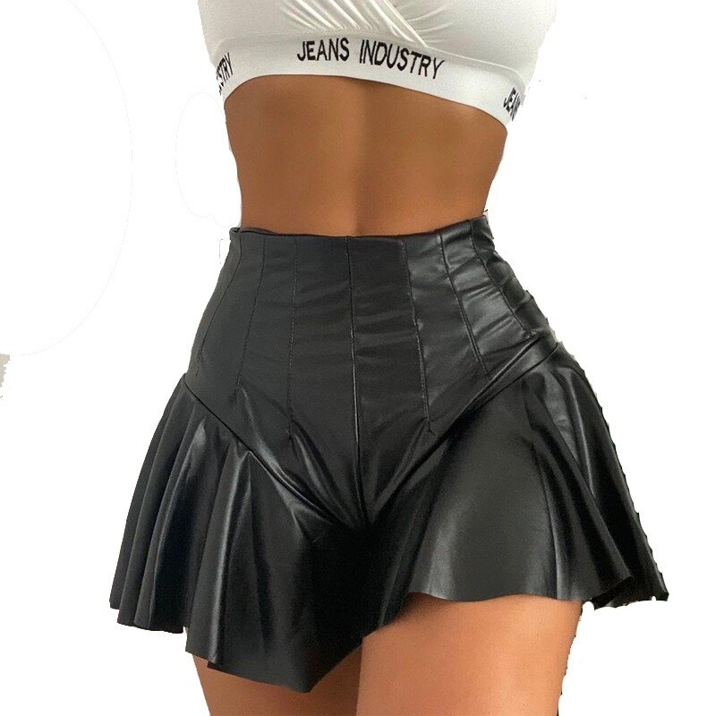 Casual Short Pants Pleated Trousers Skirt Black PU Leather Package Hip A-line Shorts Ruffled Streetwear Fashionable Minipants