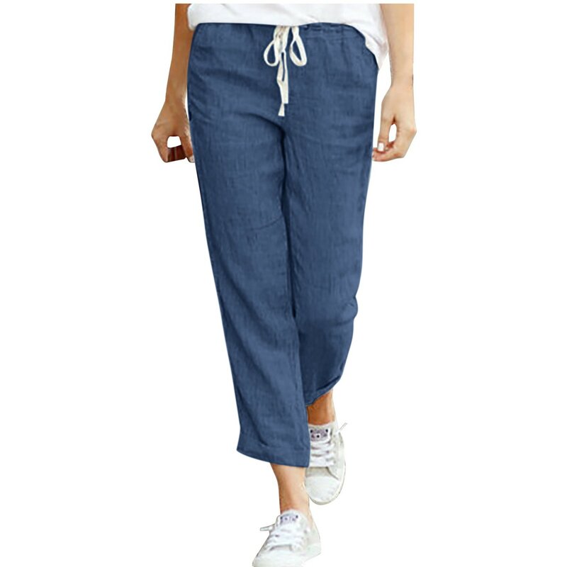Celana musim panas wanita, celana perempuan katun Linen warna polos kasual pinggang elastis kolor kasual longgar