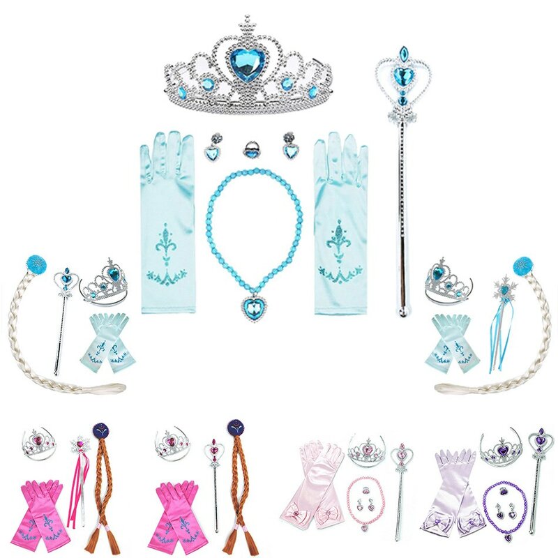 Princess Accessories Anna Elza Accessories Set Snow Queen Magic Wand Crown Necklace Princess Gloves Kids Girl Party Accessories