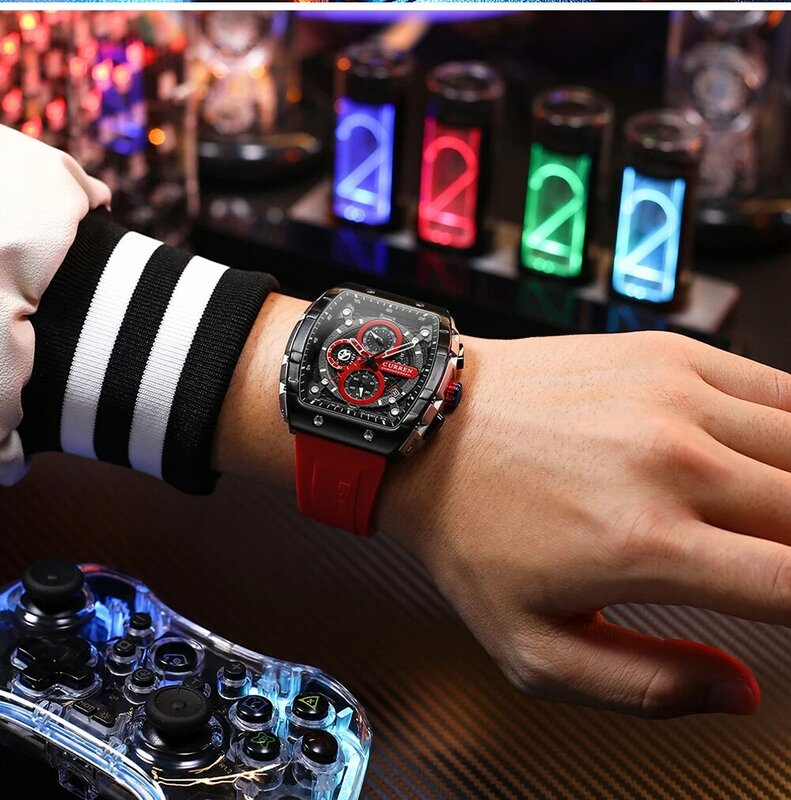 CURREN 패션 스포츠 시계 대형 다이얼 독특한 직사각형 중공 디자인 쿼츠 손목 시계, 크로그래프 자동 날짜 8442