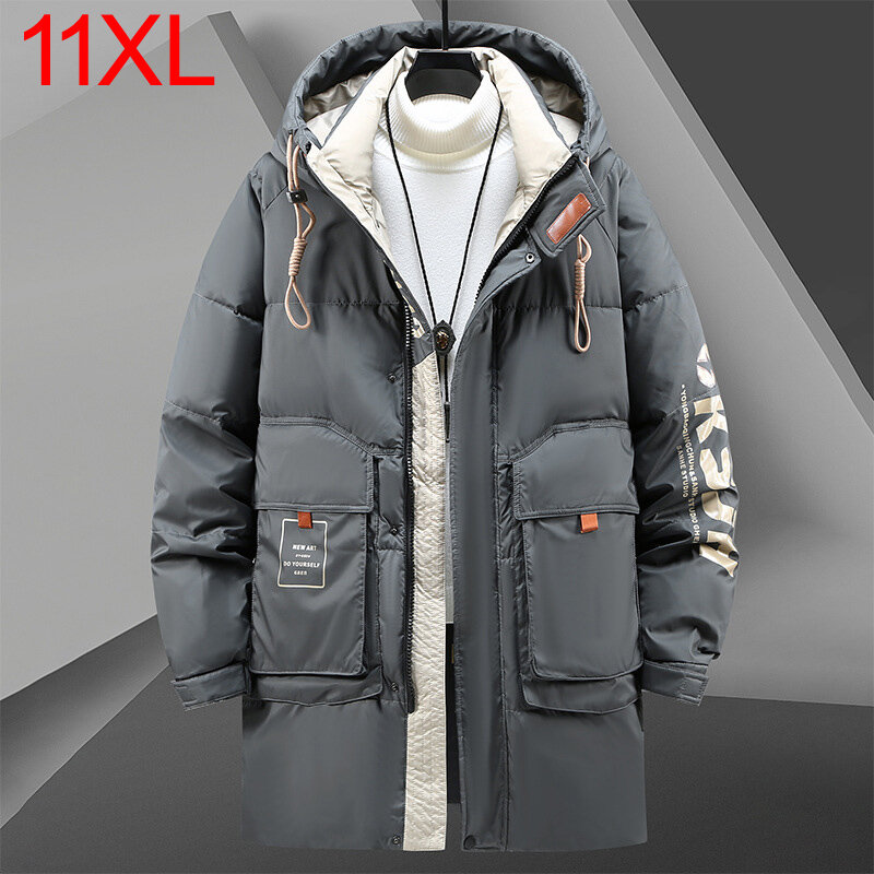 Jaqueta longa solta com capuz masculino, Parkas de tamanho grande, roupas casuais, casaco de inverno, plus size, 11XL, 10XL