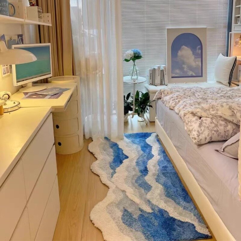 Волнистый ковер в эстетике, высококачественный Противоскользящий ковер из флока для ванной, синий морской ворсовый ковер, украшение для дома, прикроватный ковер для детской комнаты