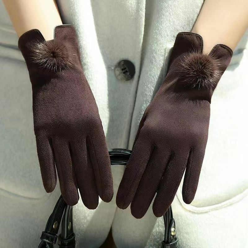 Новые женские зимние утепленные плотные мягкие Модные Элегантные Простые Стильные перчатки для сенсорного экрана милые шарики для вождения на велосипеде