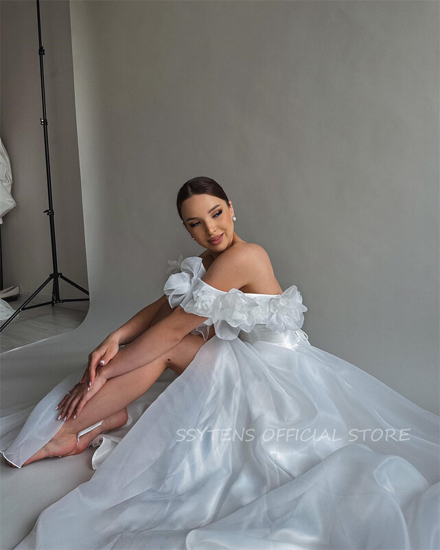 Женское ТРАПЕЦИЕВИДНОЕ свадебное платье, белое платье невесты с 3D цветами, открытыми плечами и разрезом, платье невесты, 2024