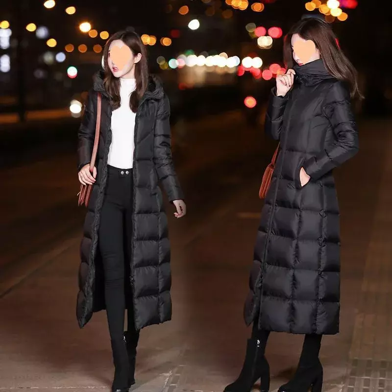 Kurtka zimowa damska czarna długa puchowa elegancki płaszcz 2023 w stylu Vintage Streetwear zagęszcza ciepłe silmy odzież damska codzienne parki