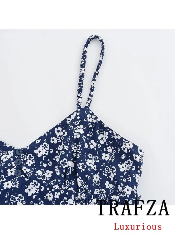 TRAFZA Vintage Casual Chic Women Dress Print Flower Sleeveless Backless Zipper Long Dress Fashion 2024 Summer Beach Female Dress