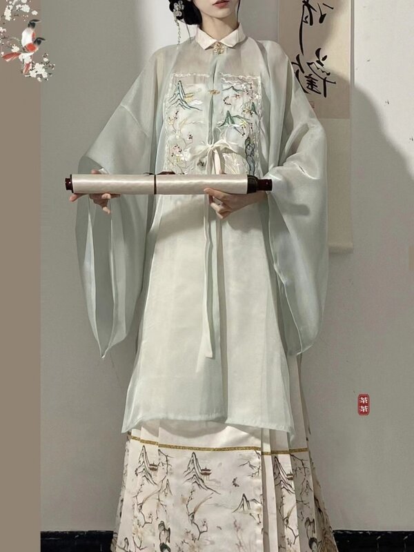 명나라 한푸 여성 자수 롱 블라우스 + 플리츠 말 얼굴 스커트 풀세트, 중국 전통 의상, 오리지널