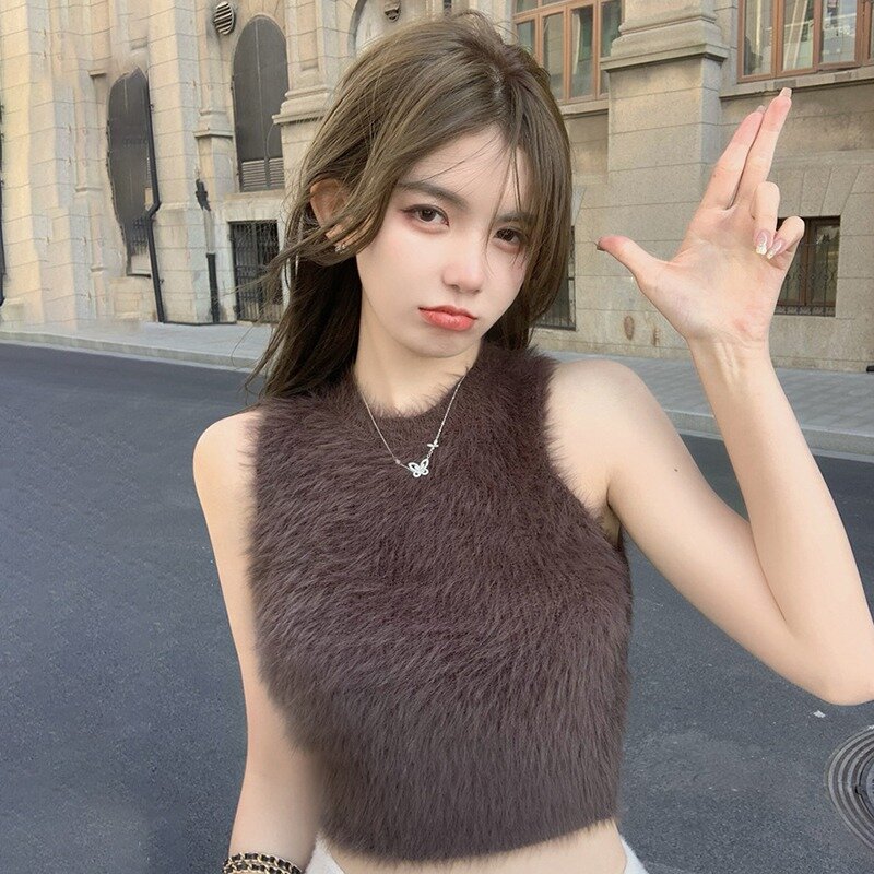 Sexy Mohair  Outer Solid Color Short Inner Women's Vest Bottoming Shirt
