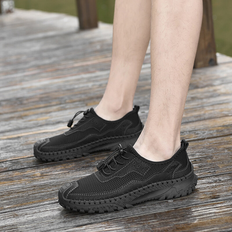 Sapatos de couro genuíno para homens para caminhadas ao ar livre, malha respirável, elástico, tênis casuais, sapatos pernalta, nova moda, 2023