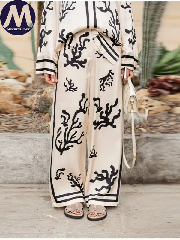 Conjunto elegante de dos piezas para mujer, traje con estampado de manga larga, cuello de solapa, pantalón holgado informal de pierna ancha, novedad de verano