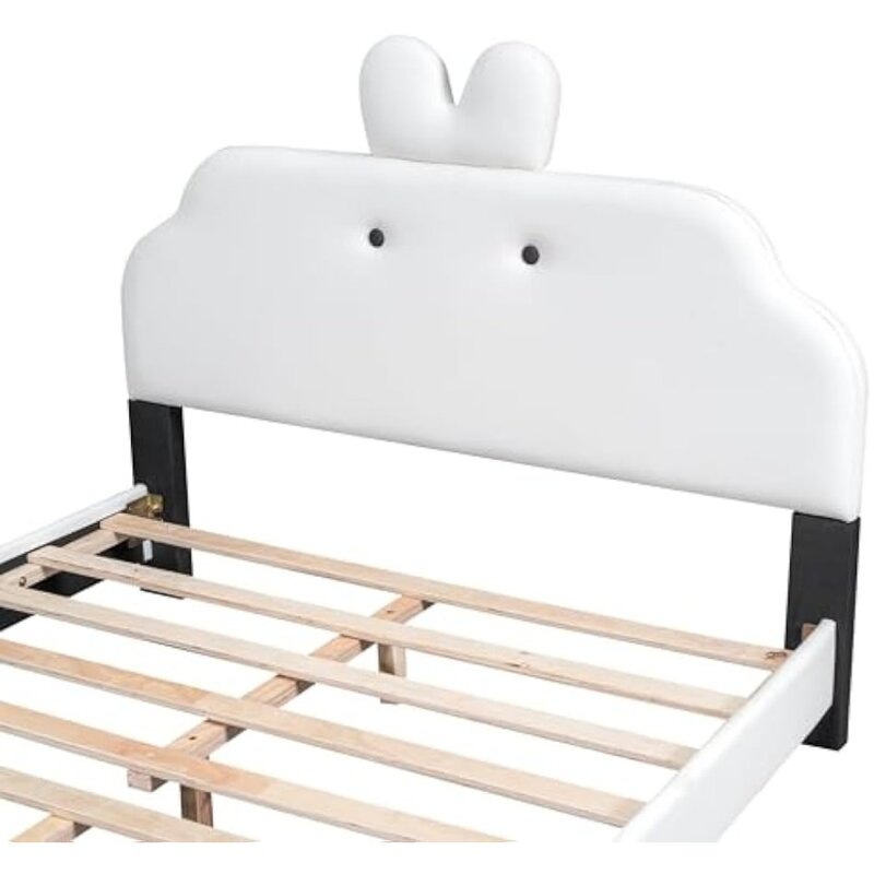 Marco de cama de plataforma de cojín, cabecero y reposapiés con orejas de animales, marco de cama de plataforma de madera maciza, soporte de fideos planos de madera