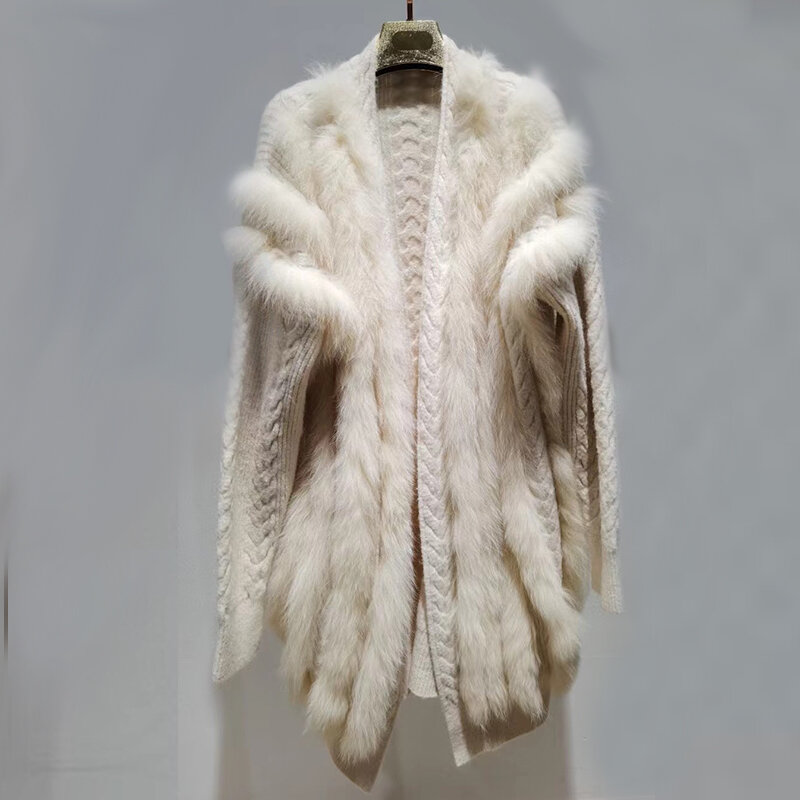 Suéter de punto de piel de zorro Real para mujer, abrigo suelto de gran tamaño, tira de piel de zorro cosida, decoración exterior, moda para dama