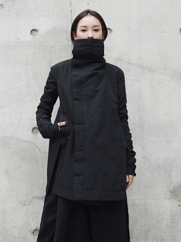 [EAM] 2024 baru modis musim dingin berdiri tidak beraturan tipe panjang kaus-bantalan pakaian mantel longgar hitam polos jaket wanita YA771