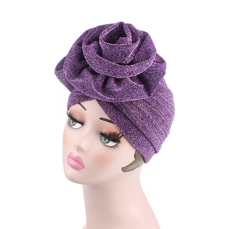 Women Turban Elastic Glitter Big Flower Chemo Beanie Solid Color Elastic Head Wrap Cap Hat Chemo Headwear